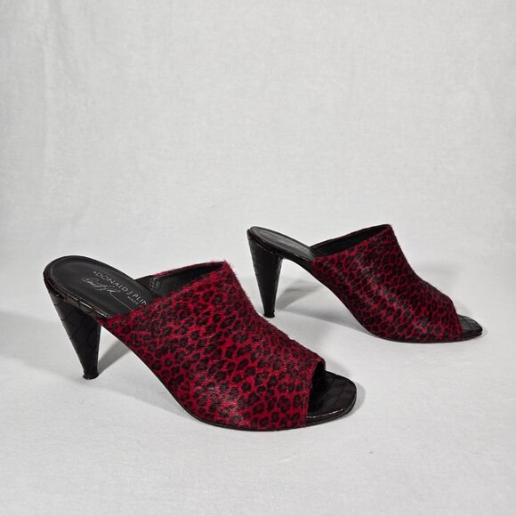 RARE Vintage DONALD PLINER Shoes - RARE Vintage Y2K Mobwife LEATHER Red & Black Animal Print Heel Sandals Size 8.5M